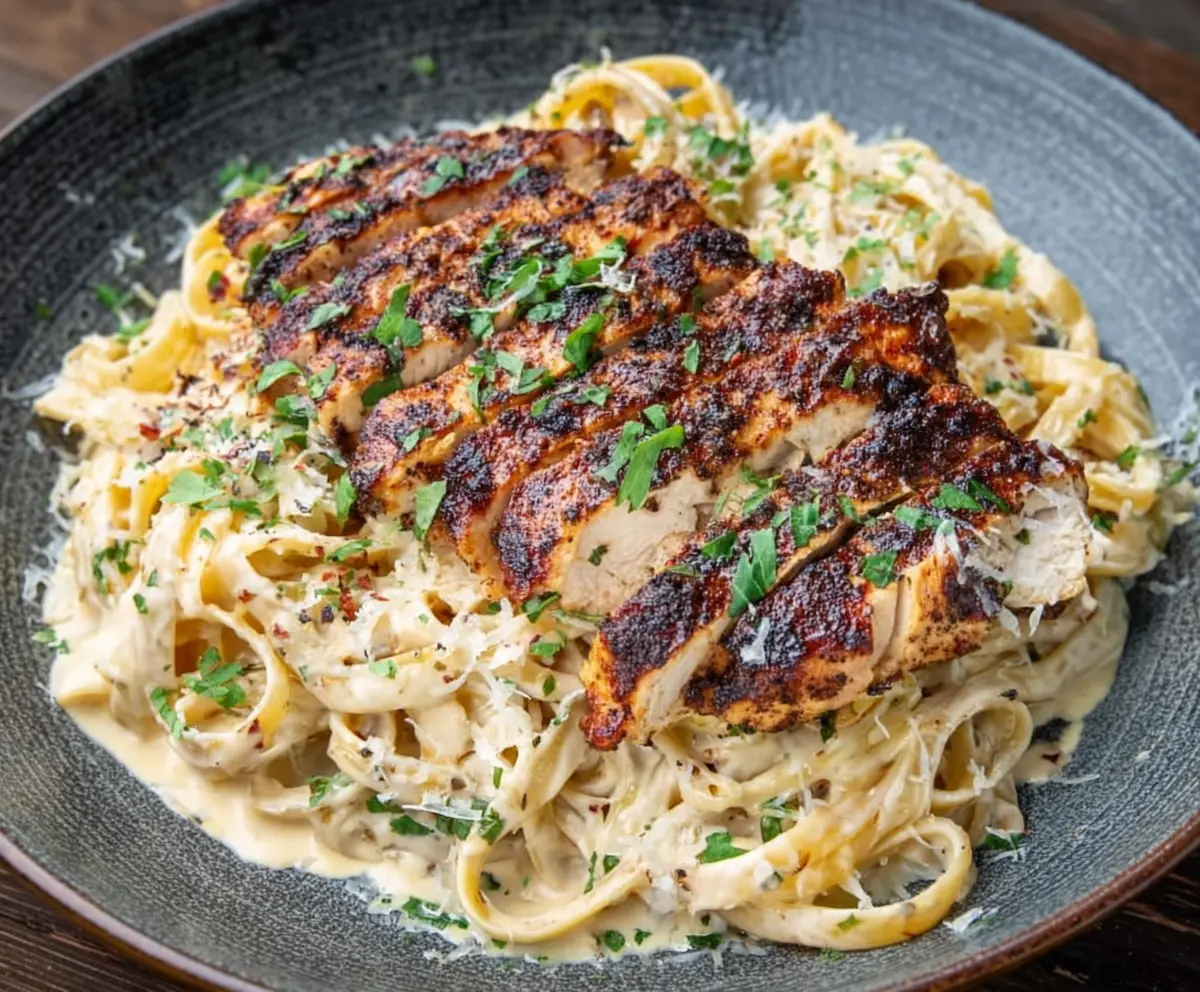 Creamy Alfredo pasta with spicy blackened chicken slices on top, garnished with herbs.