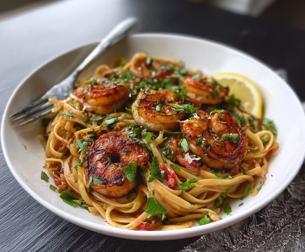 Delicious blackened shrimp pasta served with rich creamy sauce and fresh herbs.