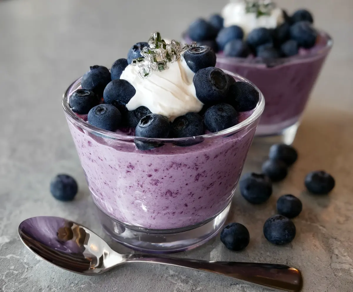 Delicious Blueberry Cottage Cheese Mousse garnished with fresh blueberries and mint leaves, served in a elegant glass.