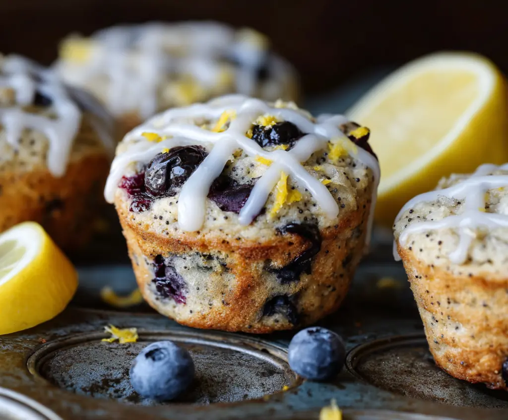 Delicious homemade blueberry lemon poppy seed sourdough muffins on a rustic plate