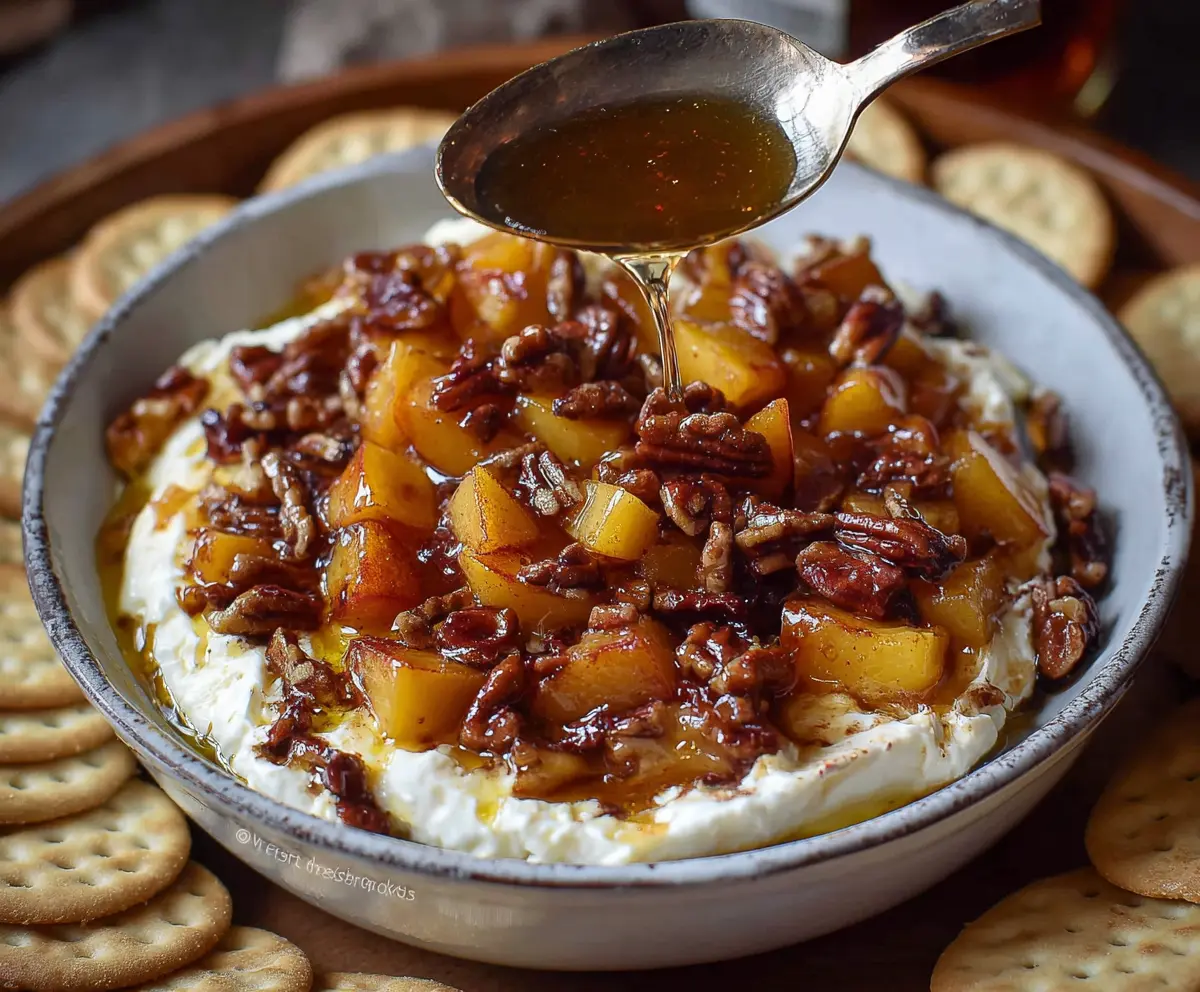 Delicious Bourbon Peach Pecan Dip served in a bowl with fresh peaches and pecans for a sweet and savory appetizer.