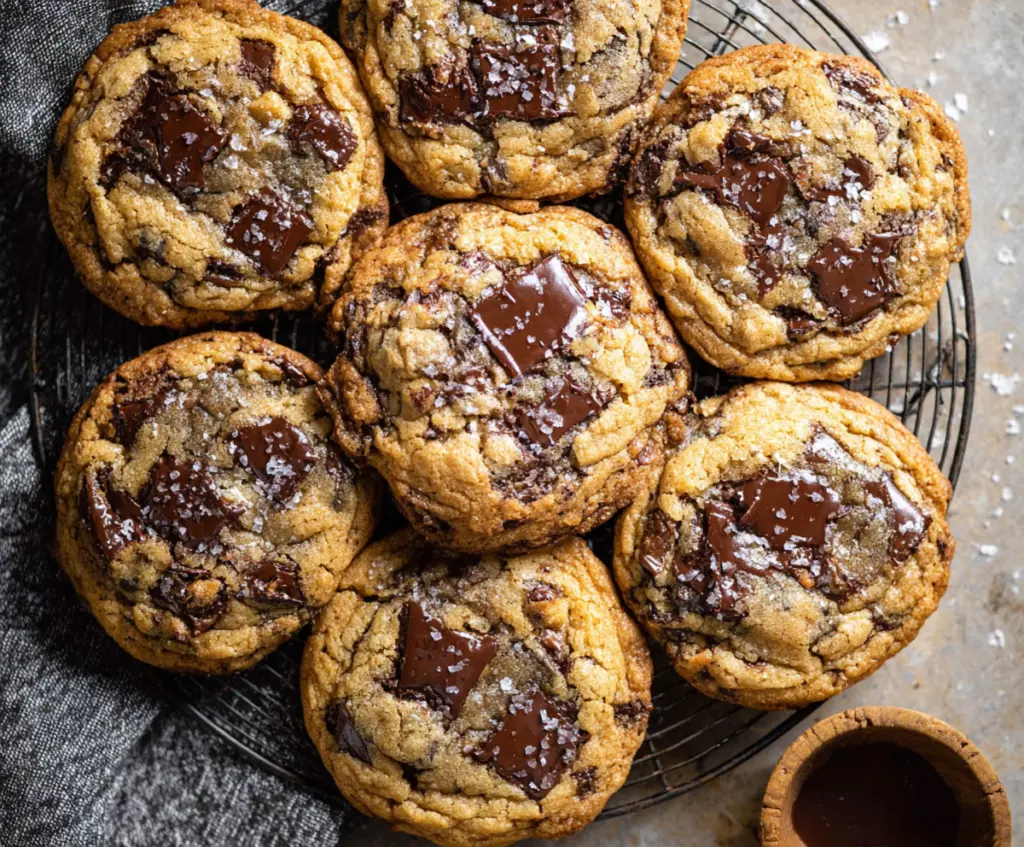 Delicious homemade brown butter sourdough discard chocolate chip cookies on a plate.