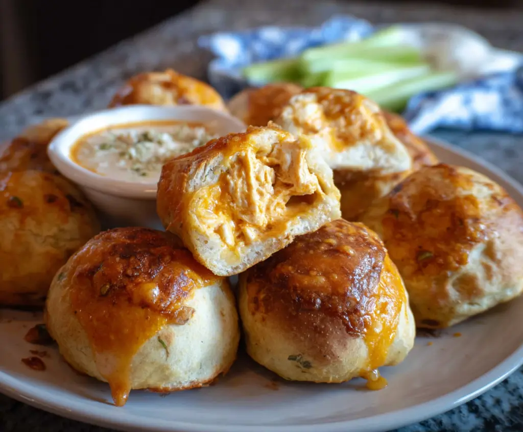 Delicious Buffalo Chicken Bombs with spicy chicken filling in a crispy crust, perfect for game day snacking.