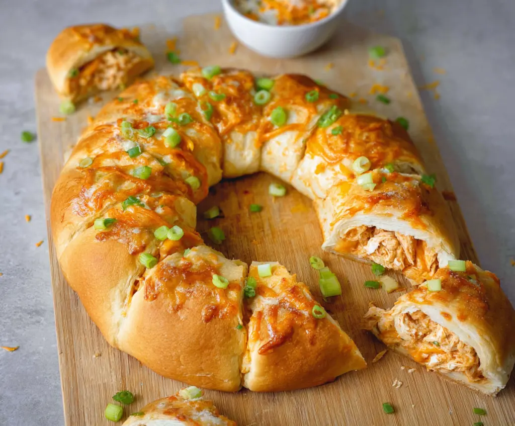Baked Buffalo Chicken Crescent Roll Ring with crispy edges and flavorful filling on a serving platter.