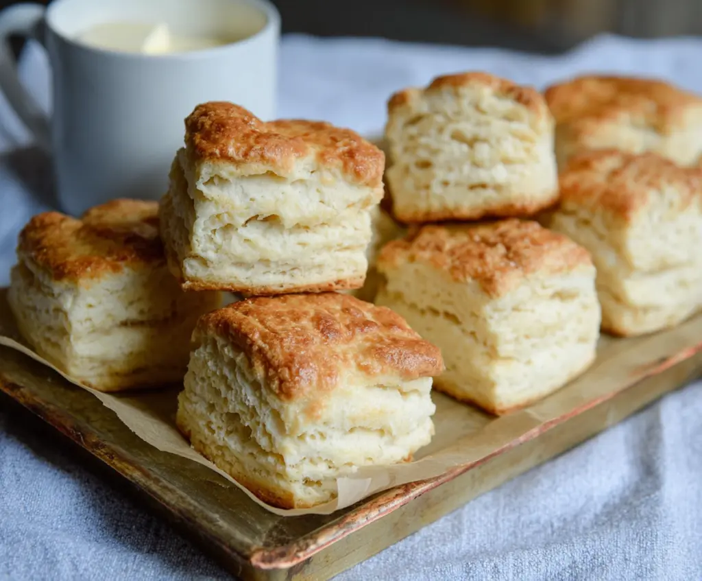 Freshly baked buttermilk sourdough freezer biscuits stacked on a plate for breakfast.