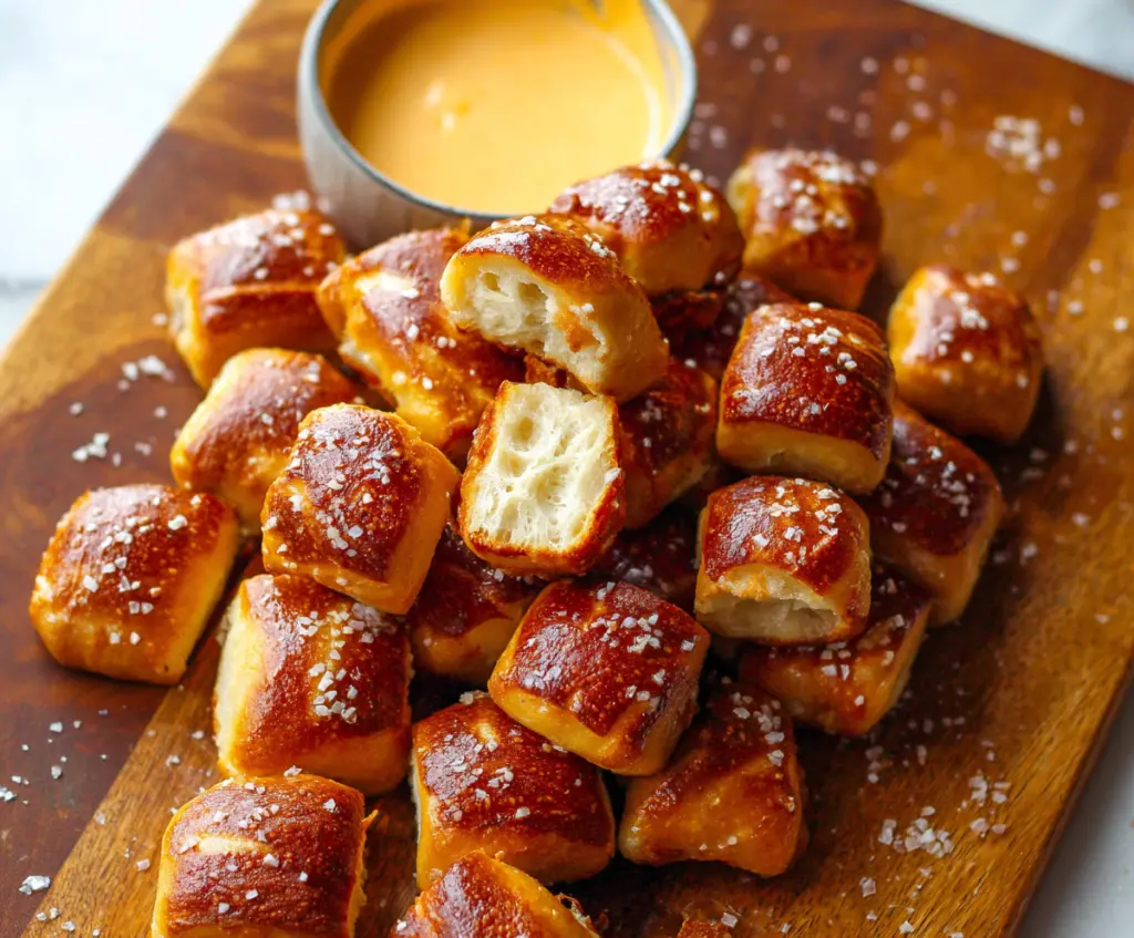 Golden, buttery soft pretzel bites arranged on a rustic plate, perfect for snacking.