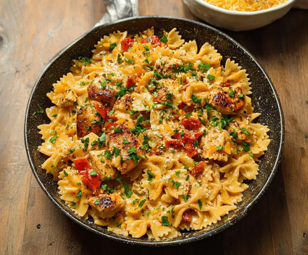 Delicious Cajun Chicken Bowtie Pasta Skillet with seasoned chicken and pasta in a flavorful sauce.
