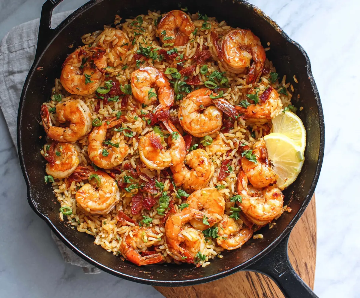 Delicious Cajun shrimp and rice skillet with colorful vegetables served in a skillet dish.