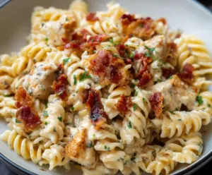 Creamy chicken bacon ranch pasta, served on a plate with melted cheese and fresh herbs.