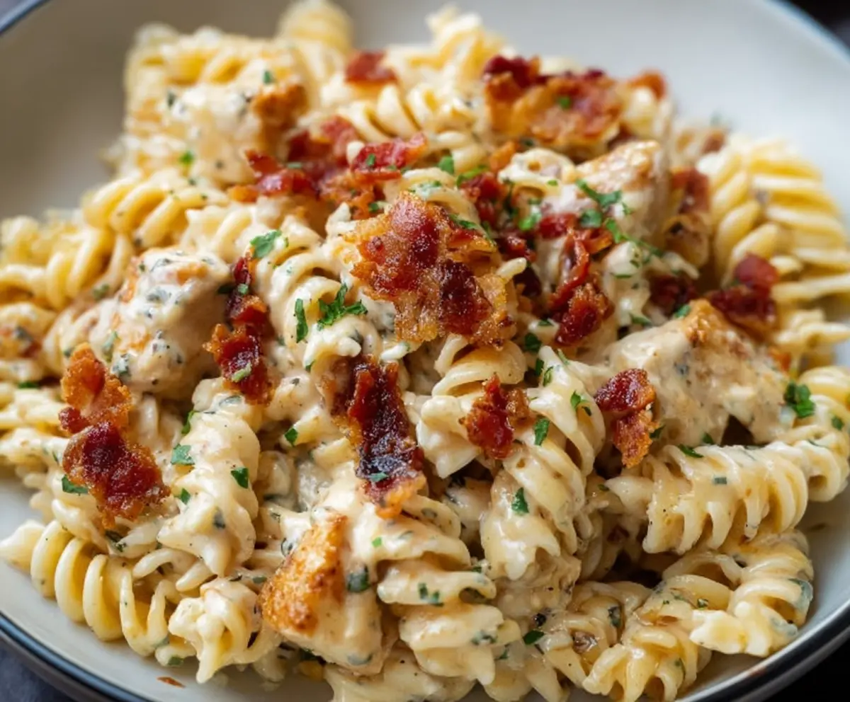 Creamy chicken bacon ranch pasta, served on a plate with melted cheese and fresh herbs.