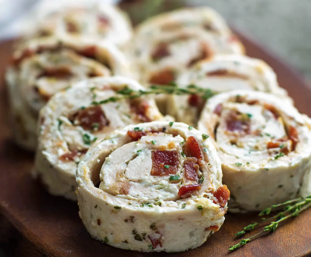 Delicious Chicken Bacon Ranch Pinwheels sliced open to reveal creamy filling and crispy bacon