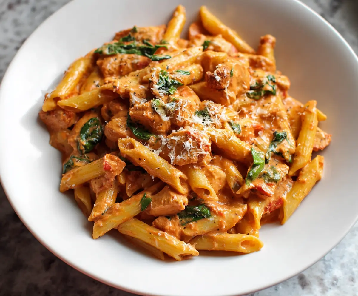 Delicious chicken creamy tomato pasta with tender chicken pieces and rich sauce.