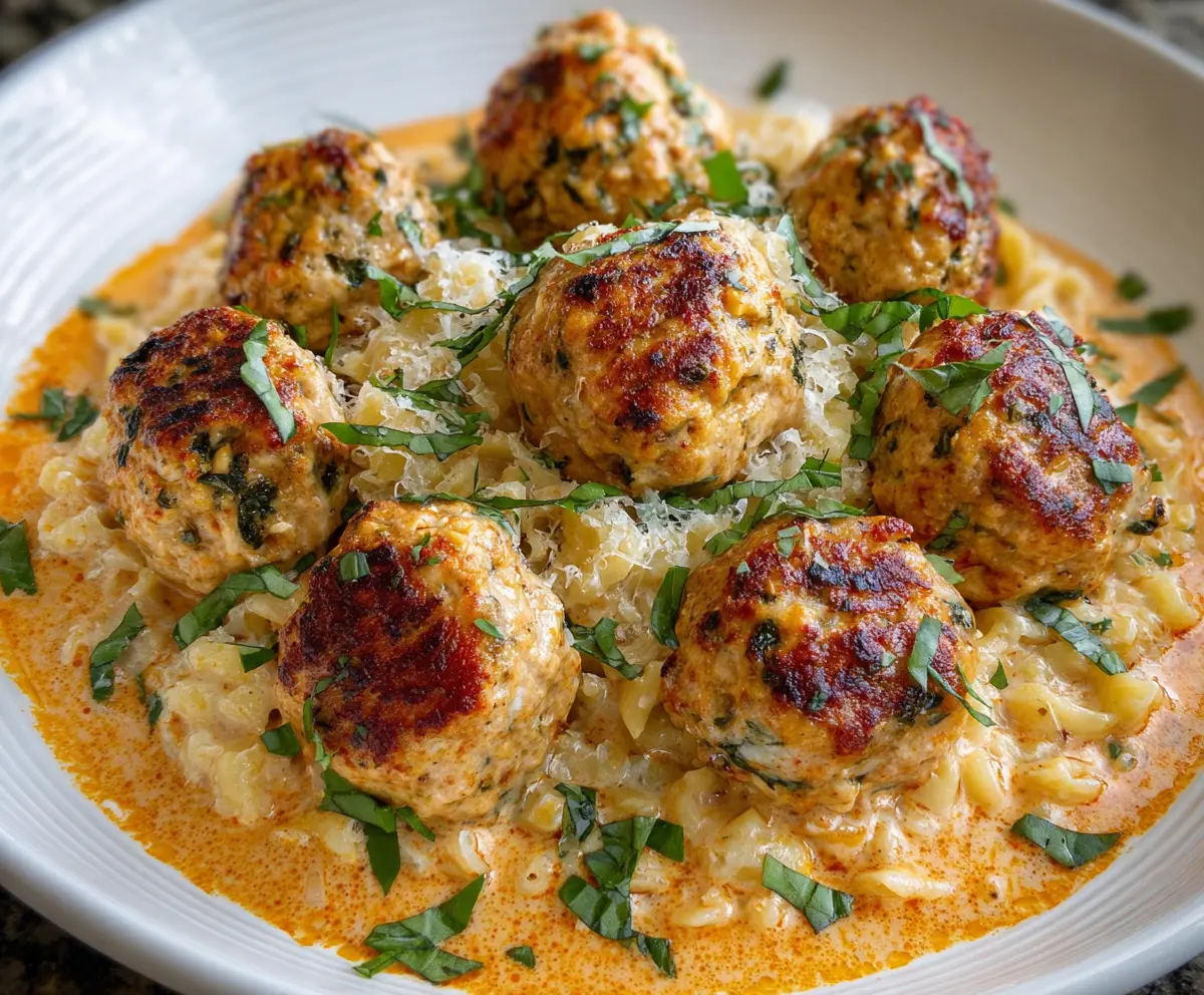Delicious chicken ricotta meatballs served with spaghetti and fresh herbs on a white plate.