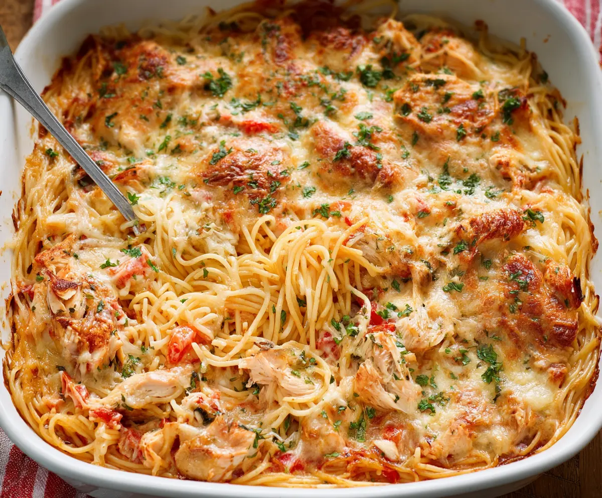 Delicious Chicken Spaghetti Bake topped with melted cheese and fresh herbs.