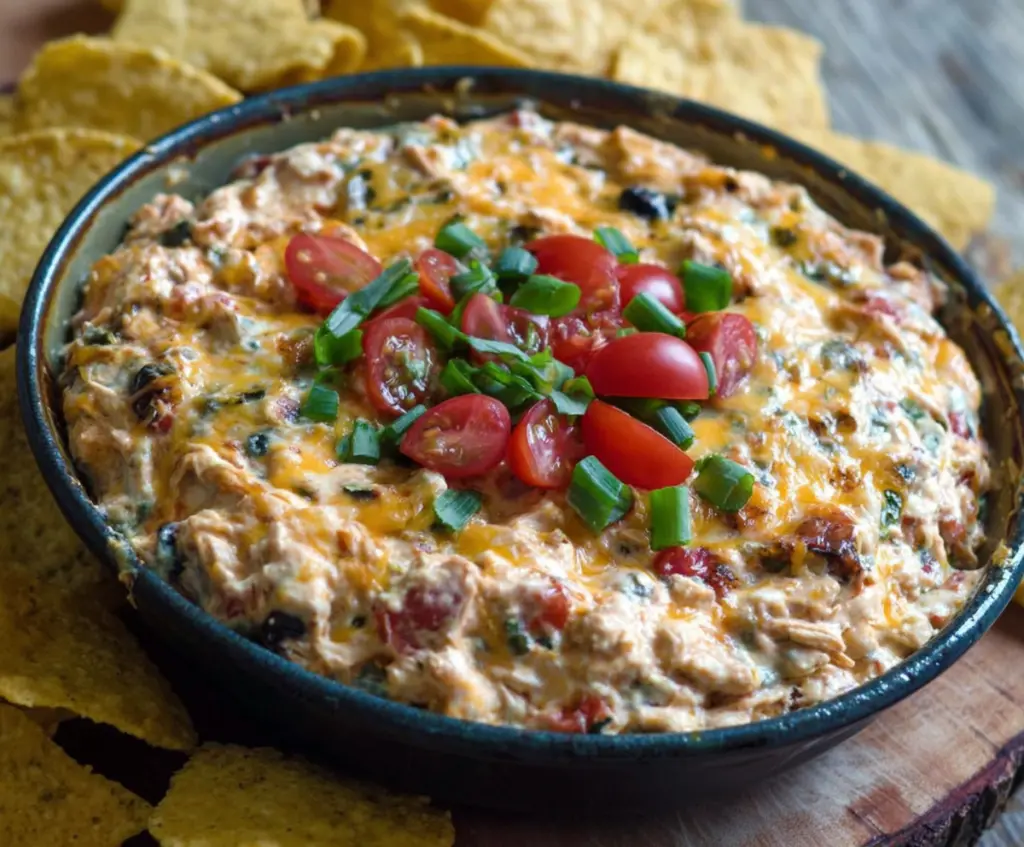 Creamy Chicken Taco Dip topped with cheese and diced tomatoes for a delicious appetizer.