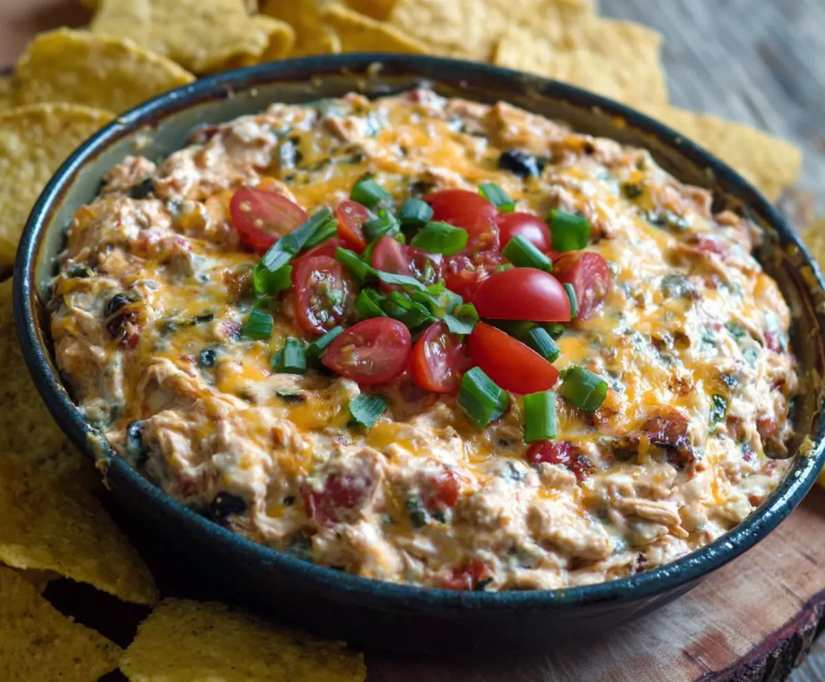 Creamy Chicken Taco Dip topped with cheese and diced tomatoes for a delicious appetizer.