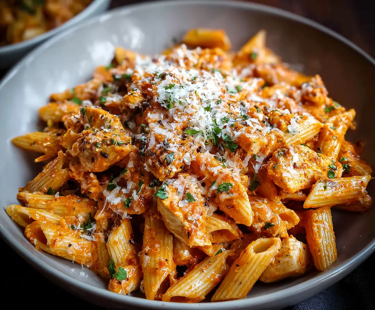 Creamy Chicken Vodka Pasta with herbs and grated cheese on a white plate