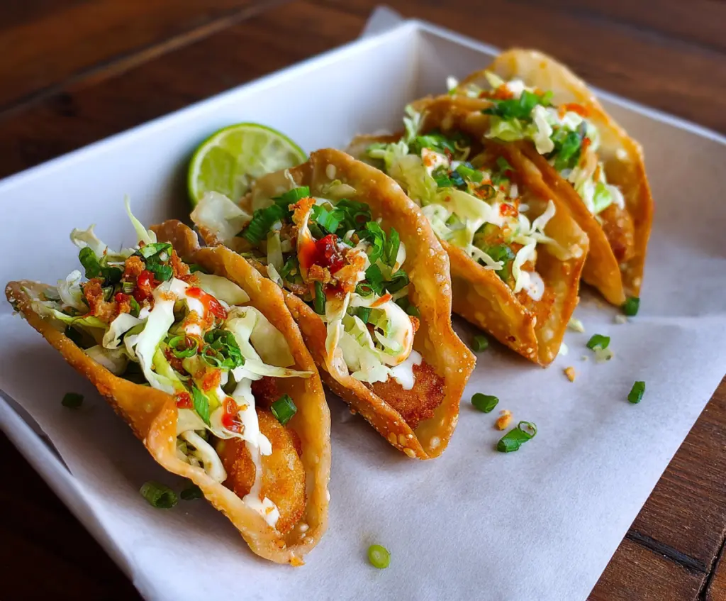 Crispy chicken wonton tacos topped with fresh vegetables and herbs, perfect for a flavorful appetizer or meal.