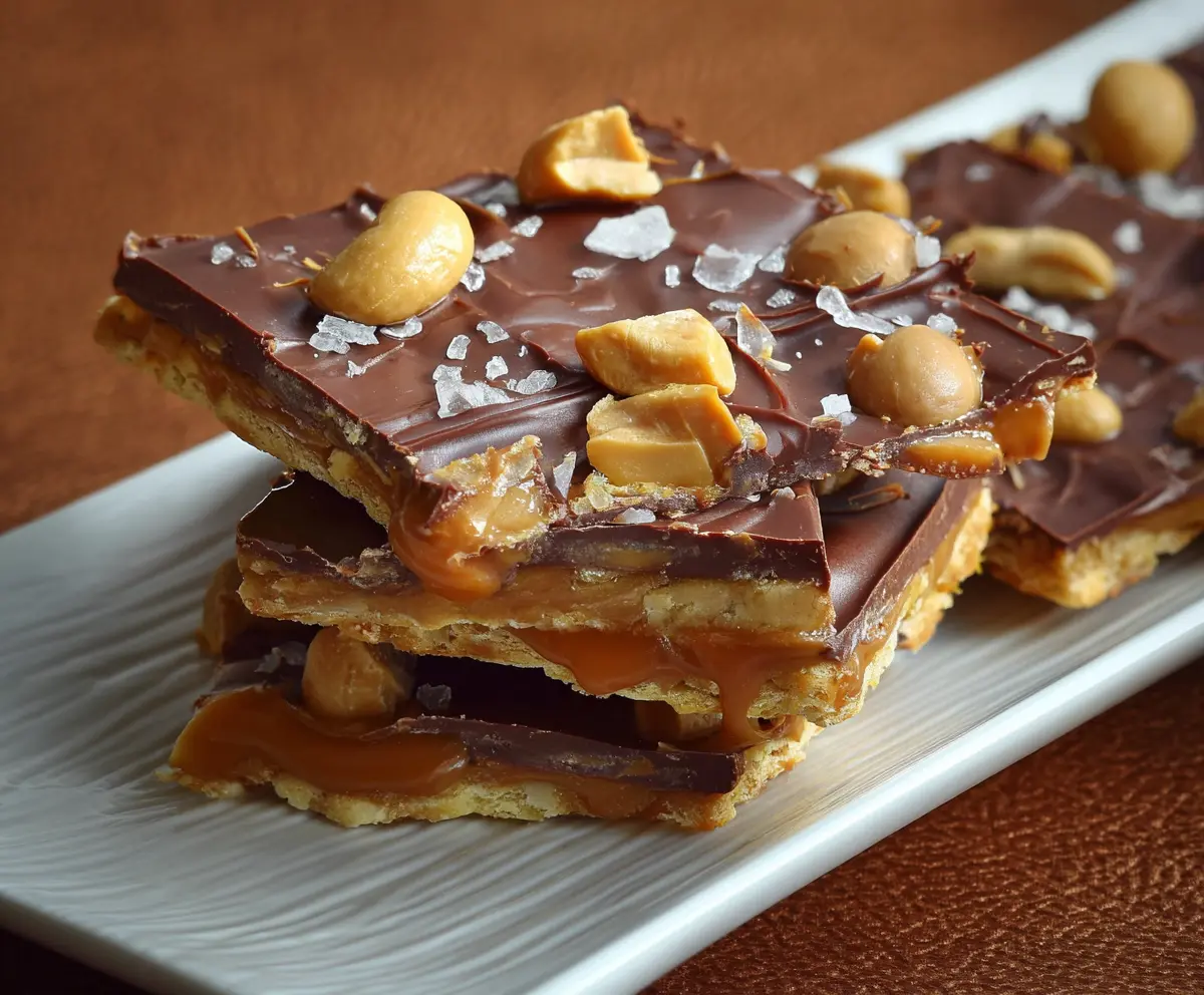 Delicious Chocolate Peanut Butter Cup Cracker Toffee dessert with a glossy finish