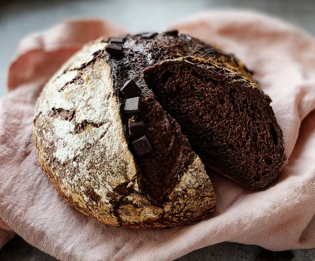 Homemade chocolate sourdough discard bread served on a rustic wooden table, showcasing its soft texture and rich cocoa flavor.
