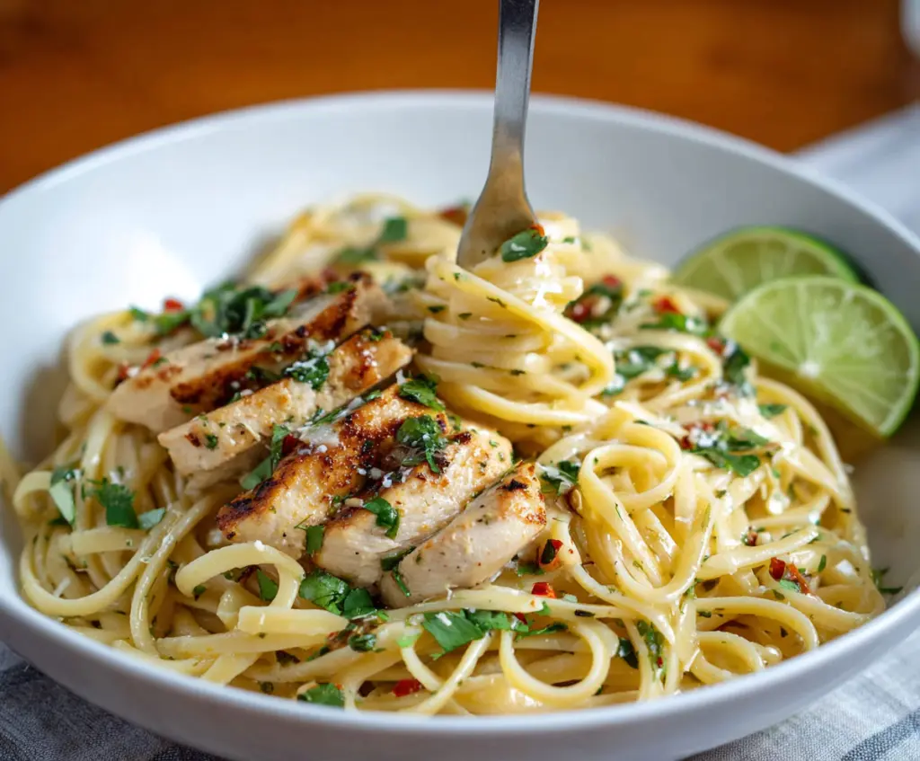 Delicious cilantro lime chicken pasta dish topped with fresh cilantro and lime slices.