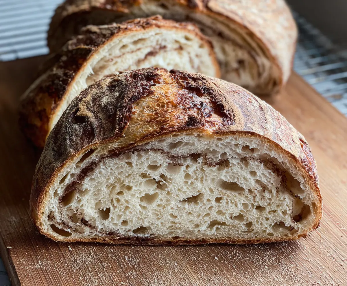 Golden cinnamon sugar swirl sourdough bread with a crispy crust on a wooden cutting board.