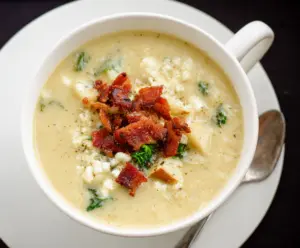 Creamy cottage cheese potato soup served in a rustic bowl, garnished with fresh herbs.