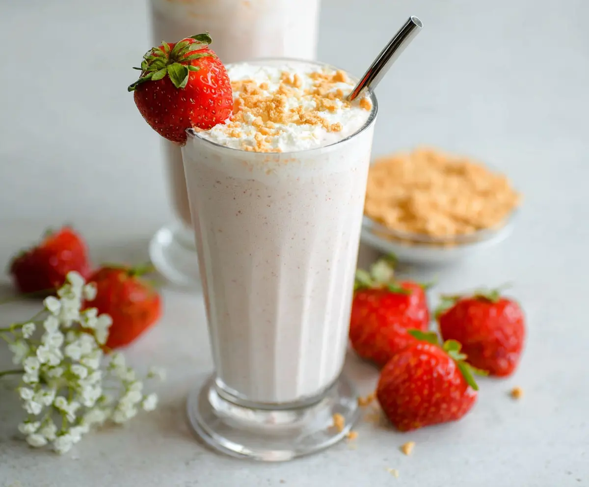 Creamy cottage cheese shake in a glass garnished with fresh fruit for a healthy breakfast option.