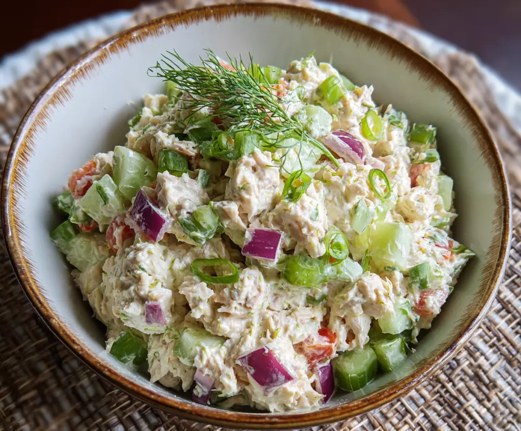 Healthy cottage cheese tuna salad with fresh vegetables and herbs, perfect for a nutritious meal.