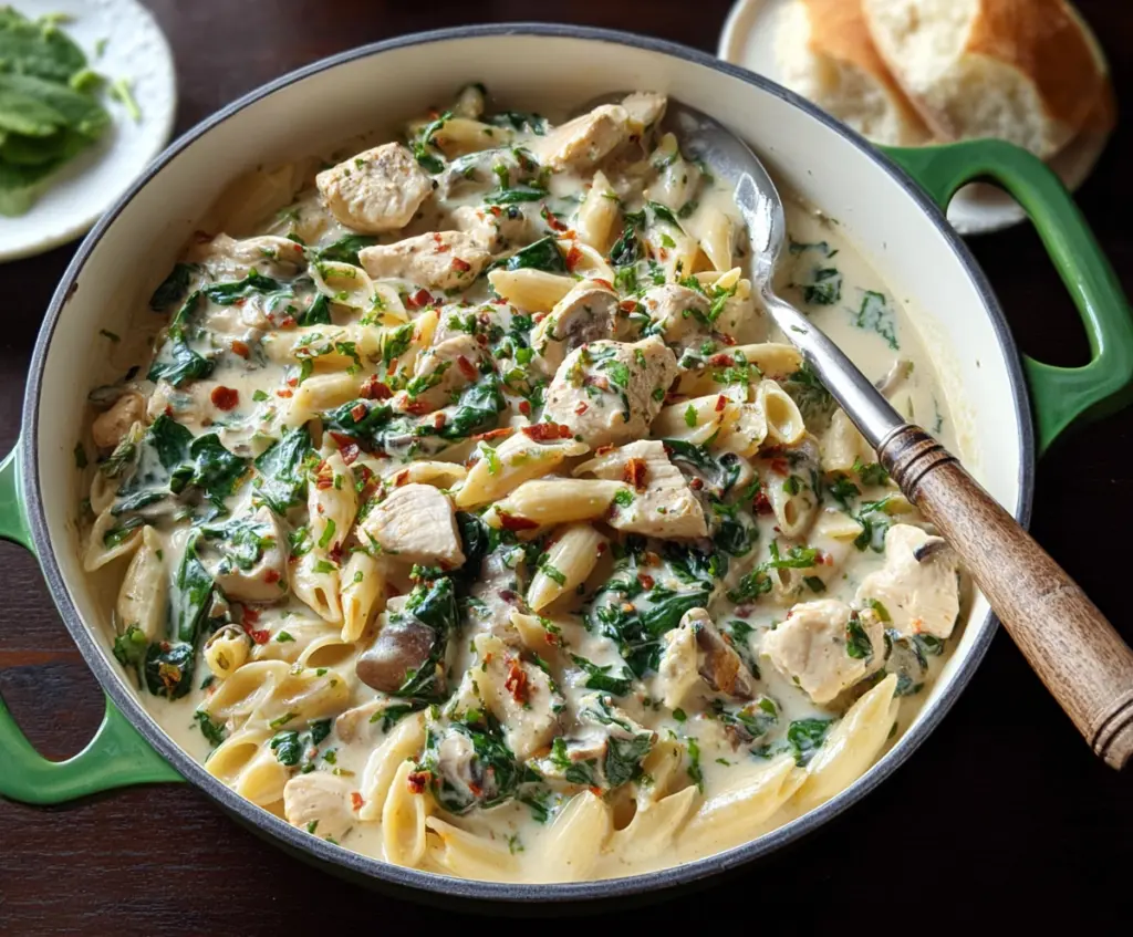 Creamy chicken spinach pasta served on a white plate, garnished with fresh herbs, featuring tender chicken strips and vibrant spinach in a rich sauce.