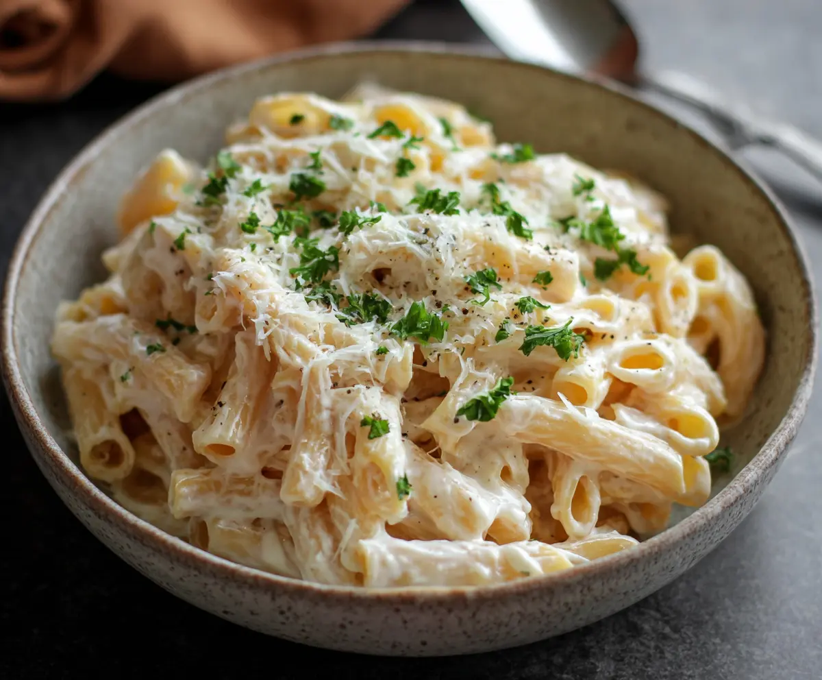 Creamy cottage cheese Alfredo sauce served over pasta in a white bowl, close-up shot.