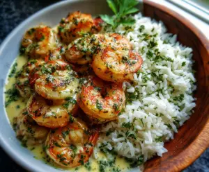 Delicious creamy garlic butter shrimp served in a bowl with herb-infused rice for a flavorful meal.