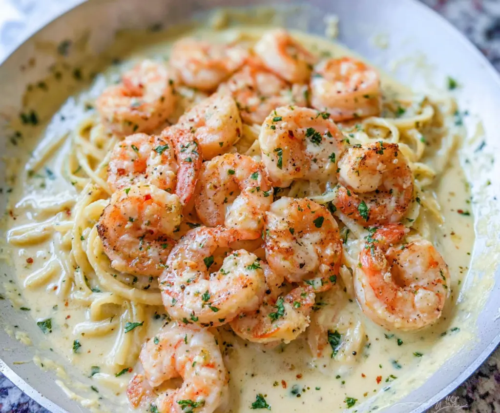 Creamy garlic parmesan shrimp pasta served in a white bowl garnished with parsley.