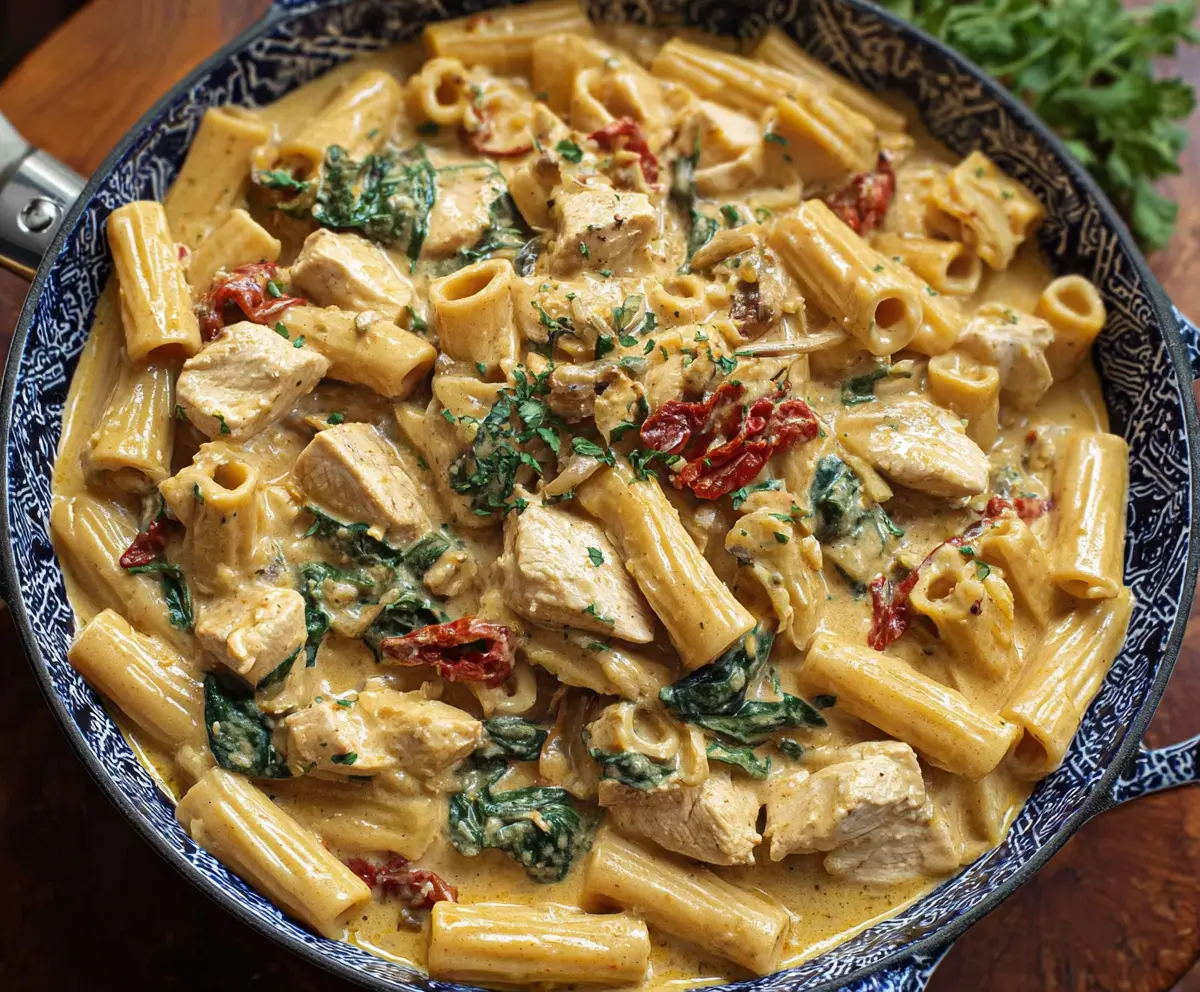 Creamy Tuscan Chicken Pasta with tender chicken, spinach, sun-dried tomatoes, and parmesan cheese in a rich sauce.