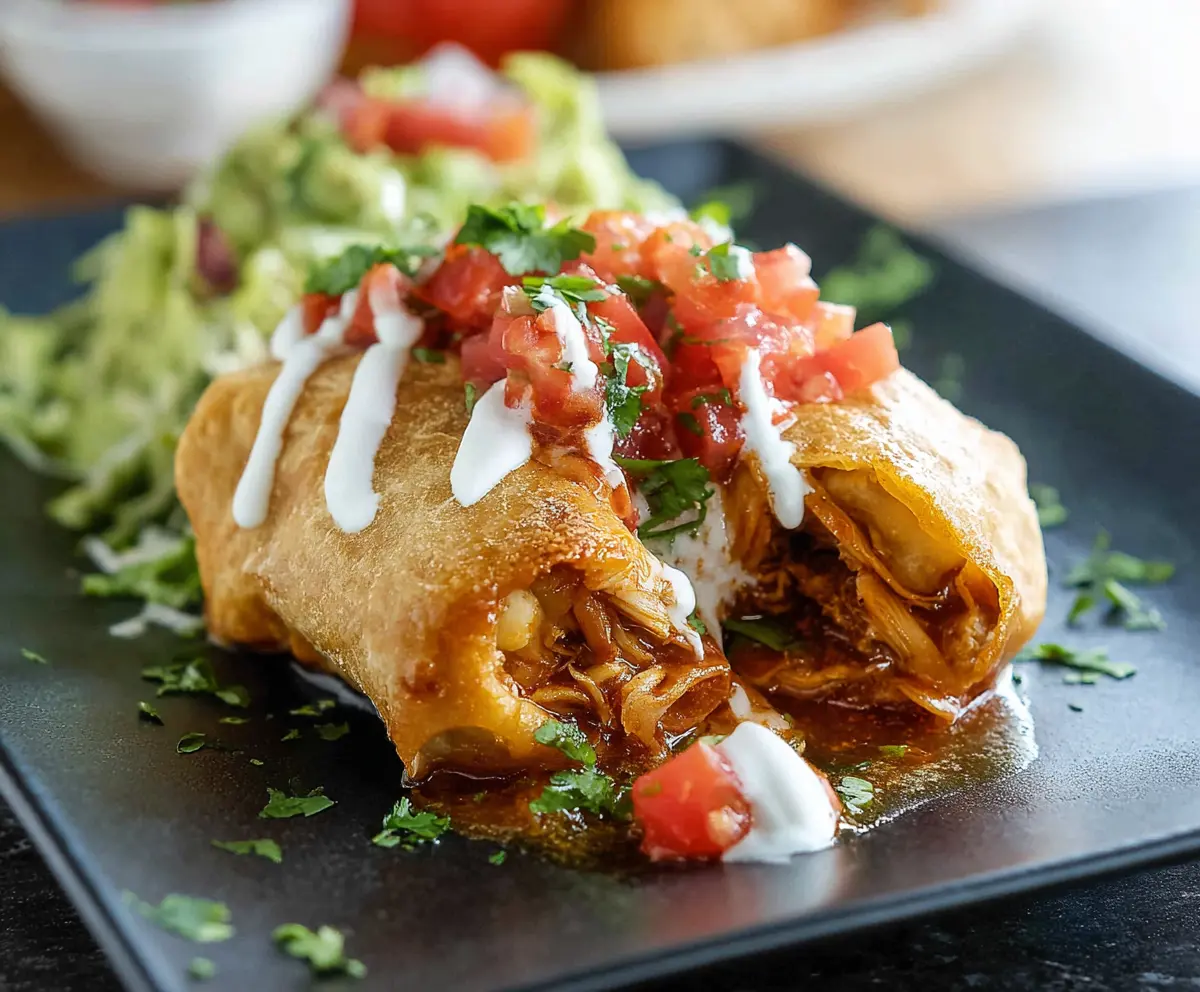 Golden crispy chicken chimichanga with melted cheese and fresh toppings on a plate.