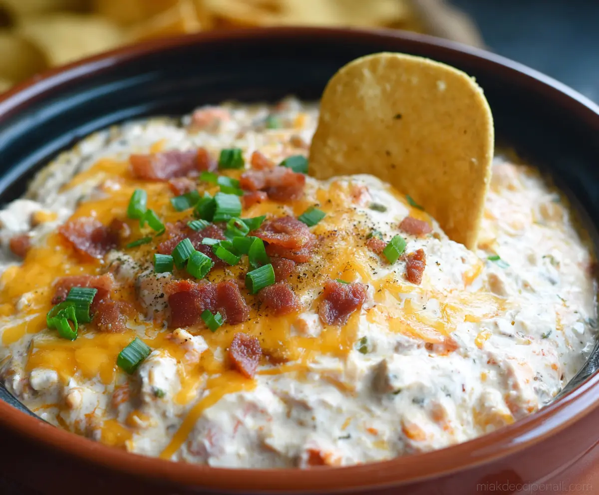 Easy Crock Pot Crack Dip served in a bowl with chips, featuring melted cheese, bacon bits, and green onions.