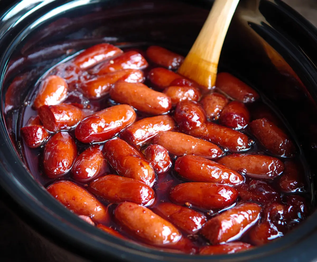 Delicious Crock Pot Little Smokies in a slow cooker ready to serve as an appetizer
