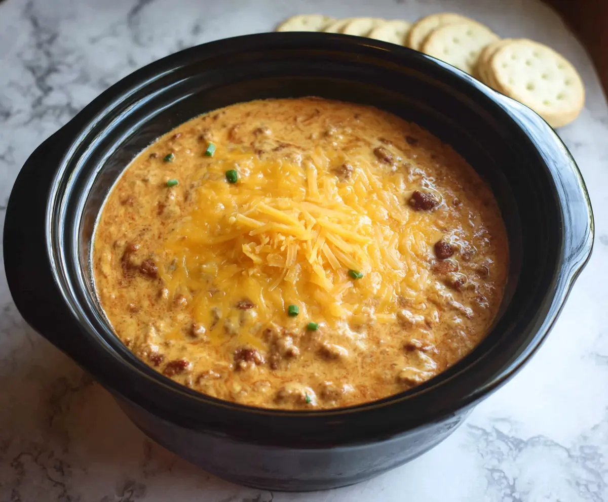 Delicious Crockpot Chili Cheese Dip served with tortilla chips on a blue plate.