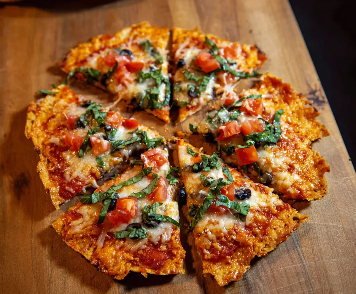 Crunchy tortilla pizza topped with melted cheese, vegetables, and savory herbs.