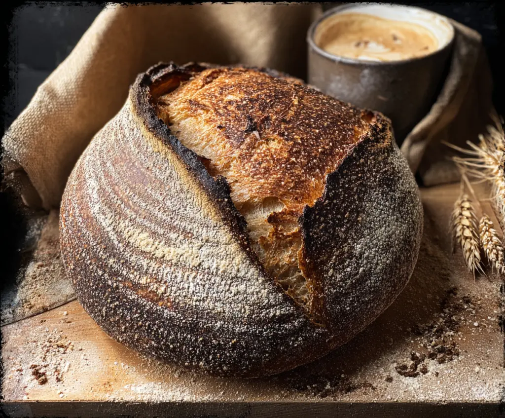 A freshly baked crust sourdough bread with a cup of coffee on a rustic table.