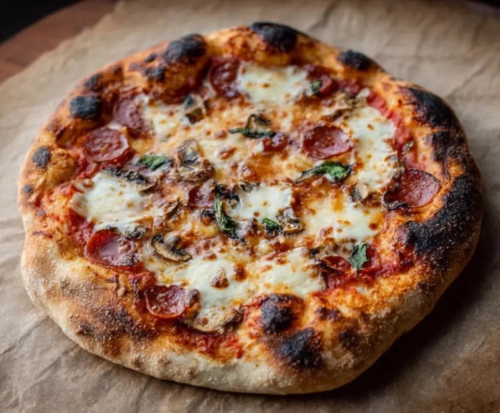 Delicious crusty sourdough pizza fresh out of the oven with melted cheese and toppings.