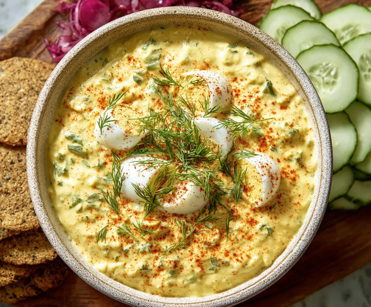 Creamy deviled eggs dip garnished with paprika and chives for savory appetizer.