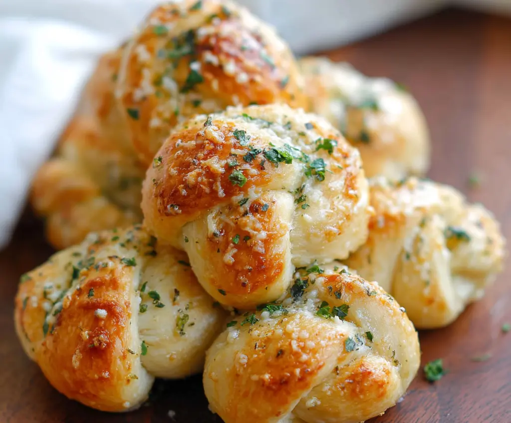 Golden crispy garlic Parmesan knots on a serving plate, perfect for appetizer or snack.