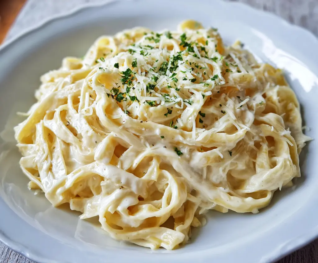 Creamy Fettuccine Alfredo pasta garnished with parmesan cheese and parsley