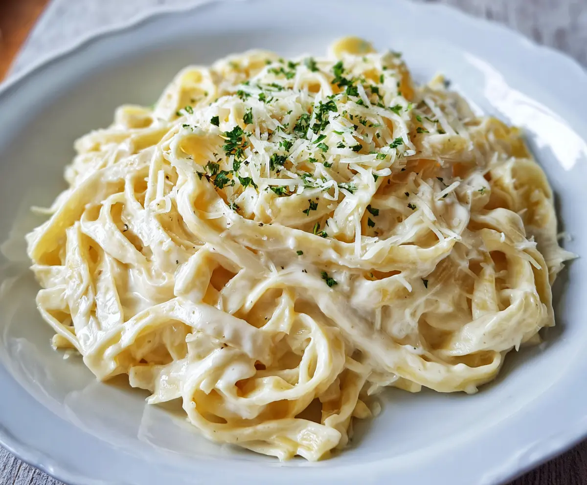 Creamy Fettuccine Alfredo pasta garnished with parmesan cheese and parsley