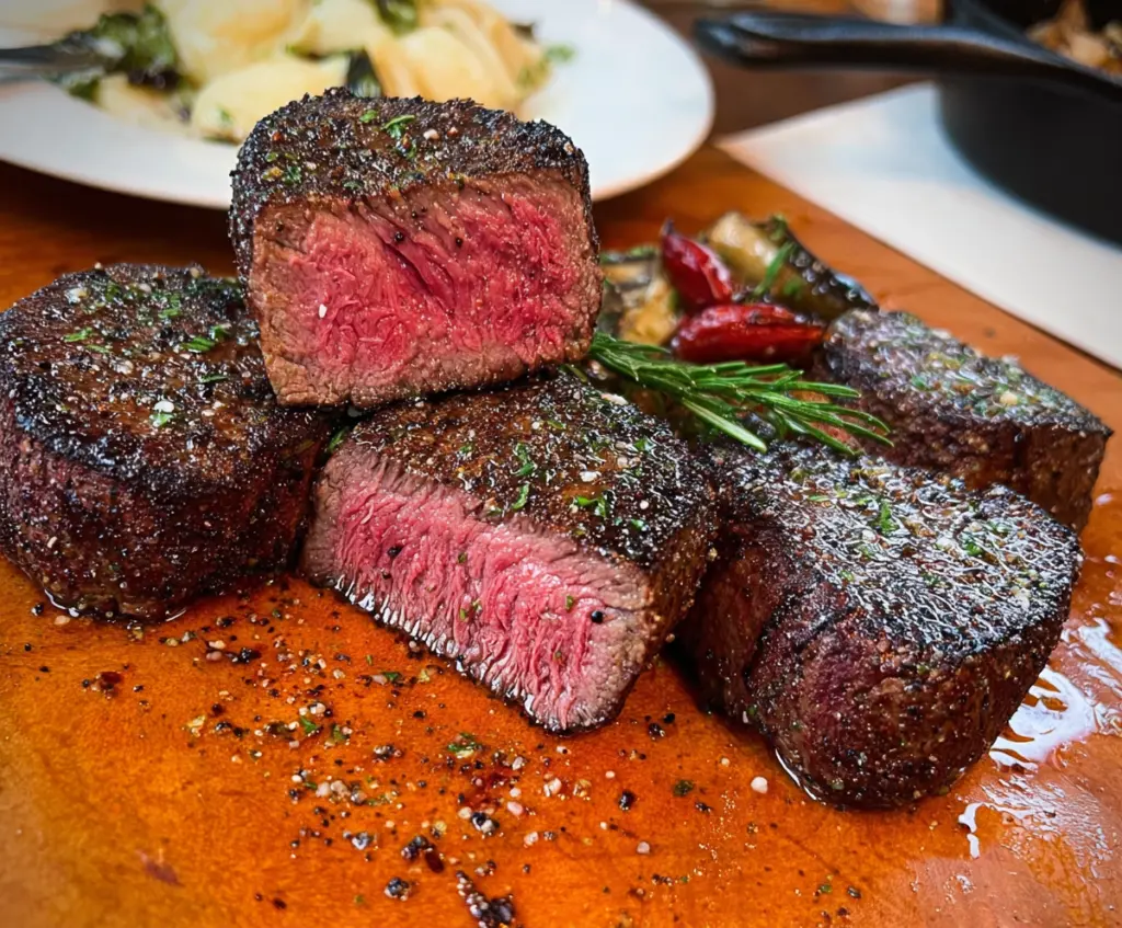 Juicy and tender filet mignon steak cooked to perfection on a plate.