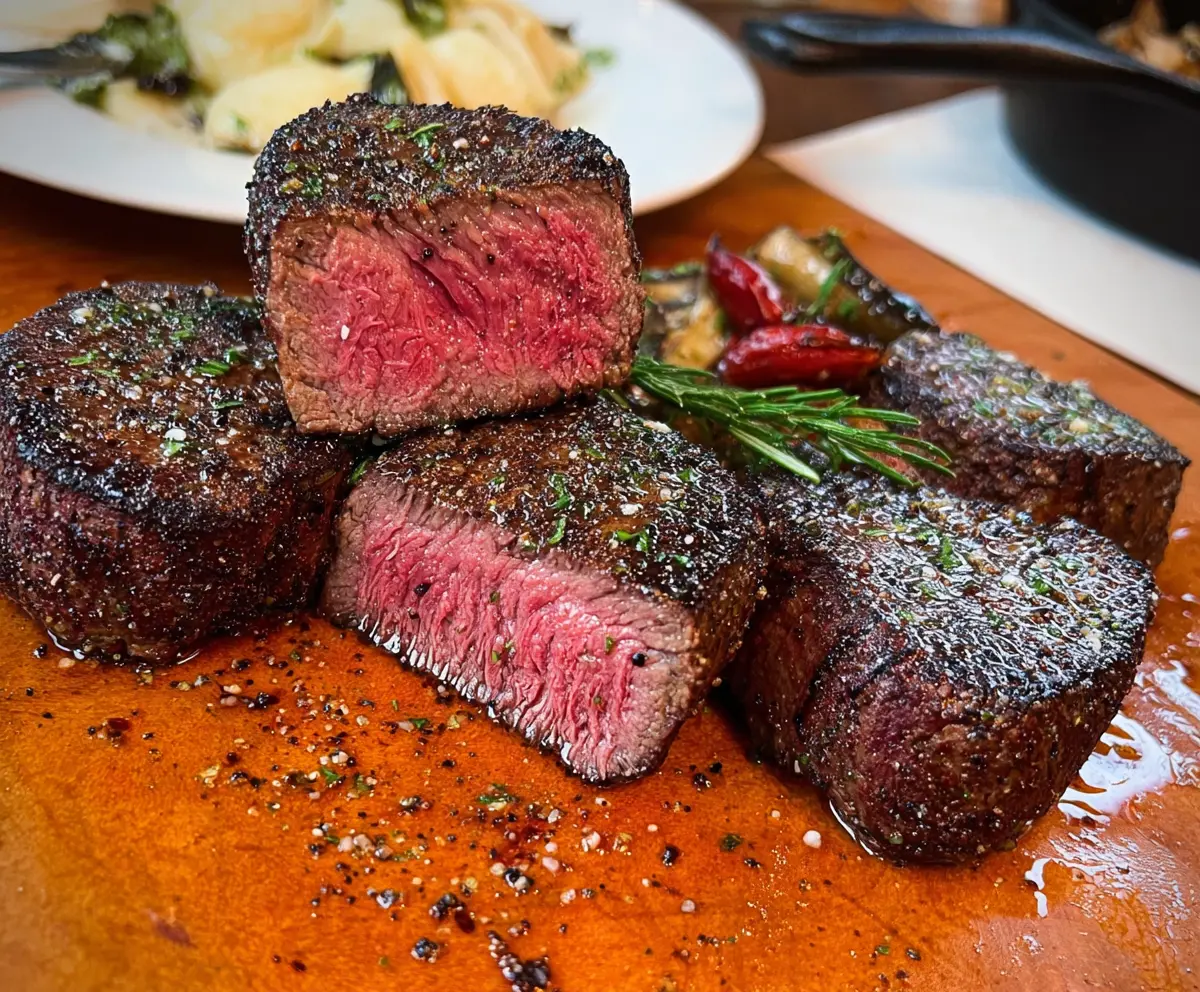 Juicy and tender filet mignon steak cooked to perfection on a plate.