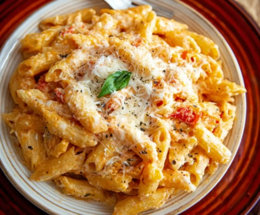 Creamy four cheese pasta dish with melted cheese, pasta noodles, and fresh herbs.