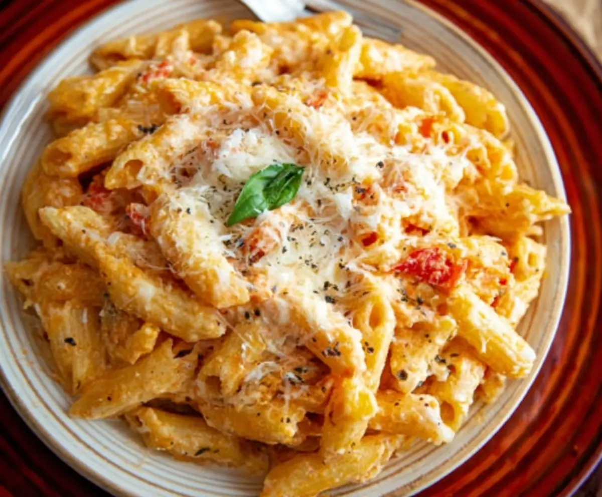 Creamy four cheese pasta dish with melted cheese, pasta noodles, and fresh herbs.