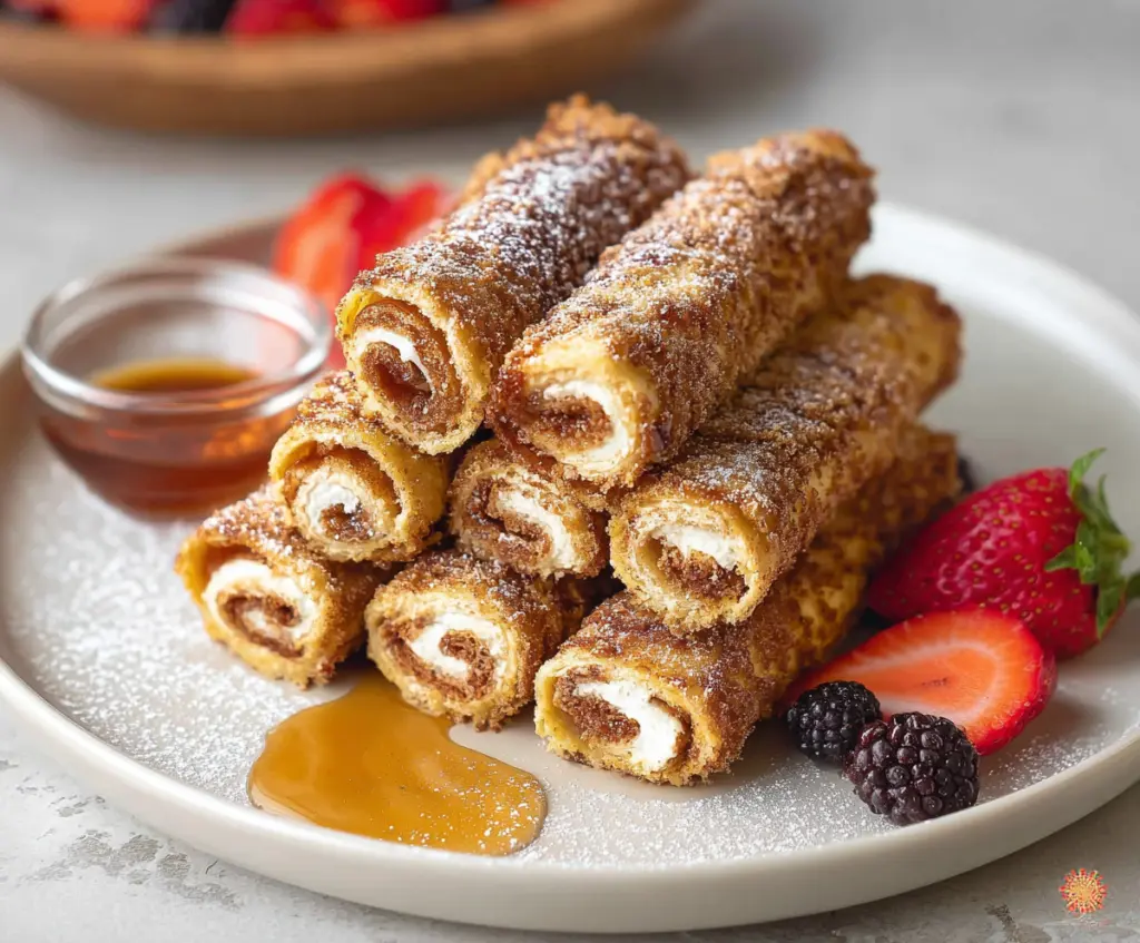 Delicious French Toast Roll Ups filled with cream cheese and topped with powdered sugar, served as a sweet breakfast treat.